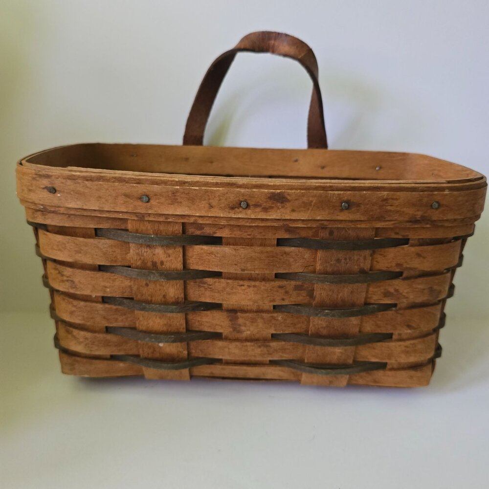 Longaberger Handwoven Basket 1993 Signed BJK Rectangle Shape Leather Handle Ohio